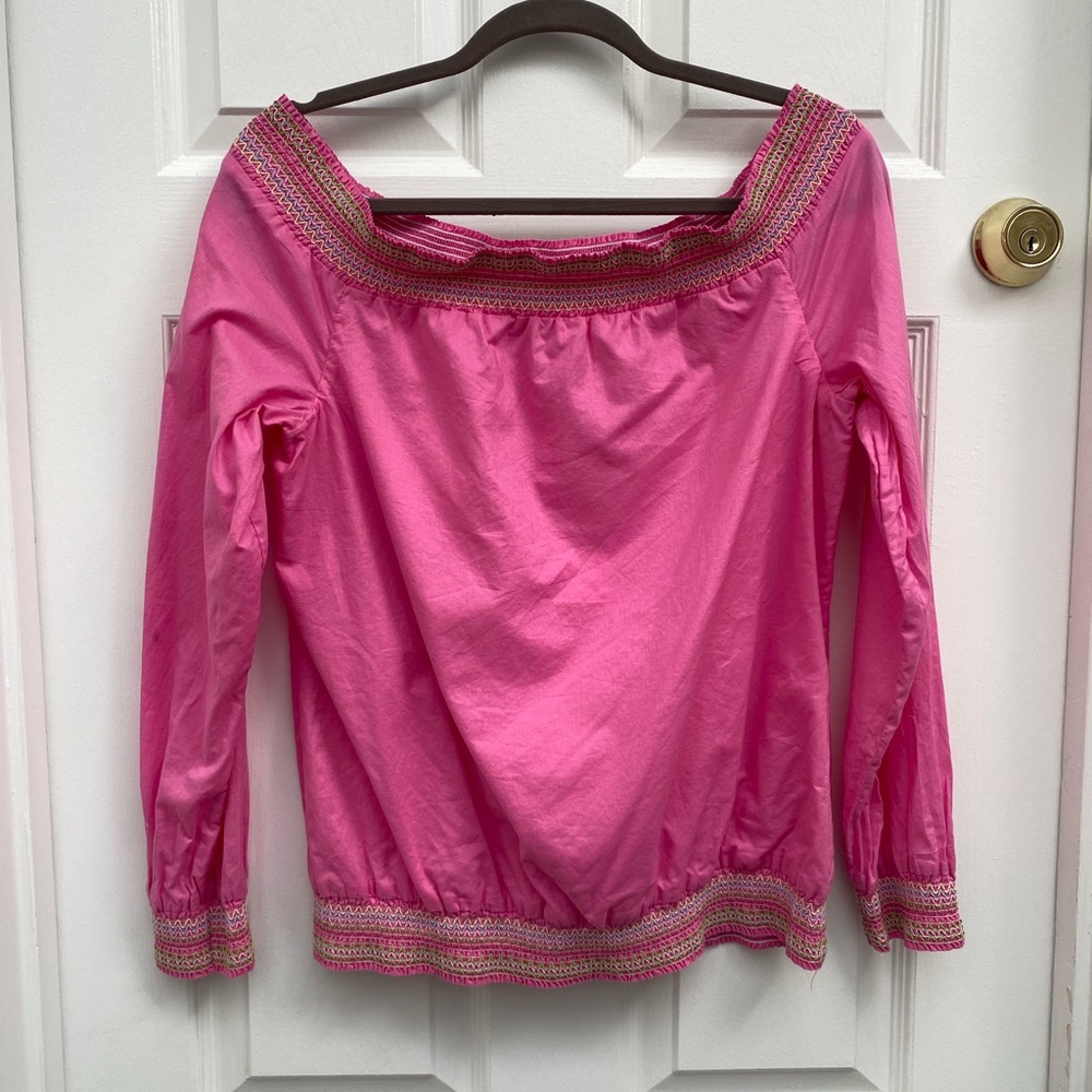Lilly Pulitzer Pink Off Shoulder Cotton Long Sleeve Blouse Embroidered Details-S